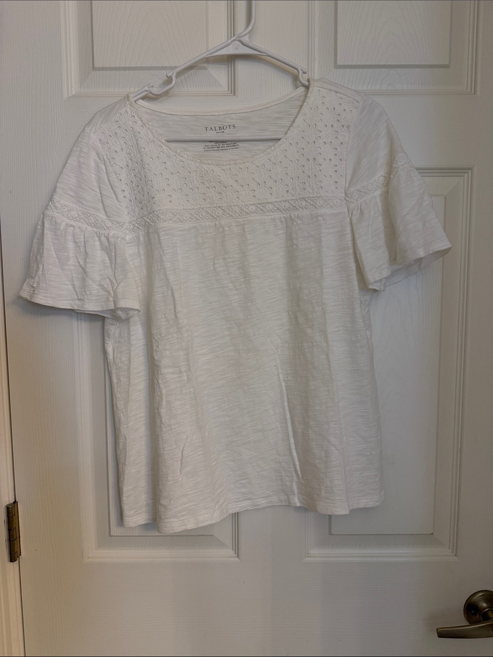 Talbots White Eyelet Yoke Ruffle-Sleeve Tee